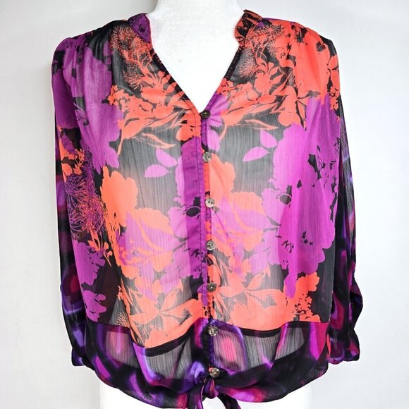 Anthropologie Fig and Flower Oversized Red Black Purple Floral Button Front Top - Picture 3 of 7